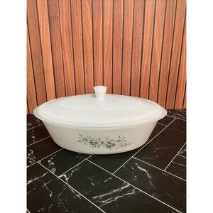 Vintage Glasbake Frost Pine casserole dish with original lid. 1950's. #J224 2 Qt